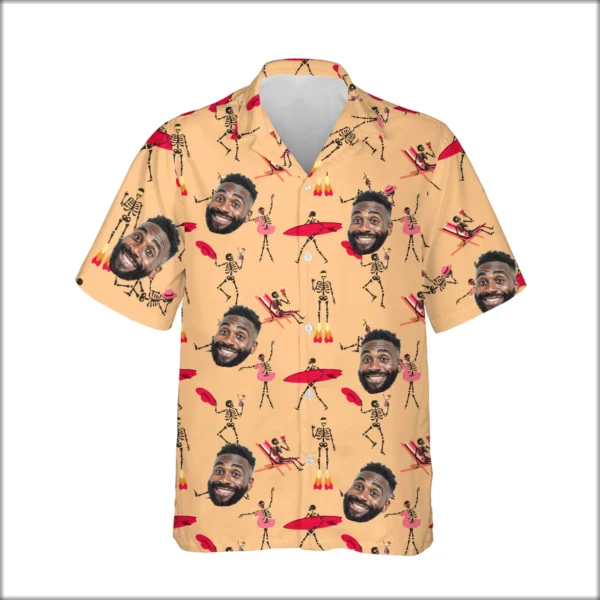 Custom Face & Logo Surf Skeleton Hawaiian Shirt | Great for Halloween Parties & Beach Crews