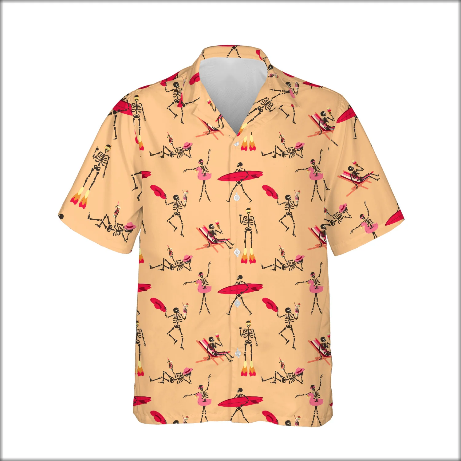 Custom Face & Logo Surf Skeleton Hawaiian Shirt | Great for Halloween Parties & Beach Crews - view 2 Custom Face & Logo Surf Skeleton Hawaiian Shirt | Great for Halloween Parties & Beach Crews - view 2