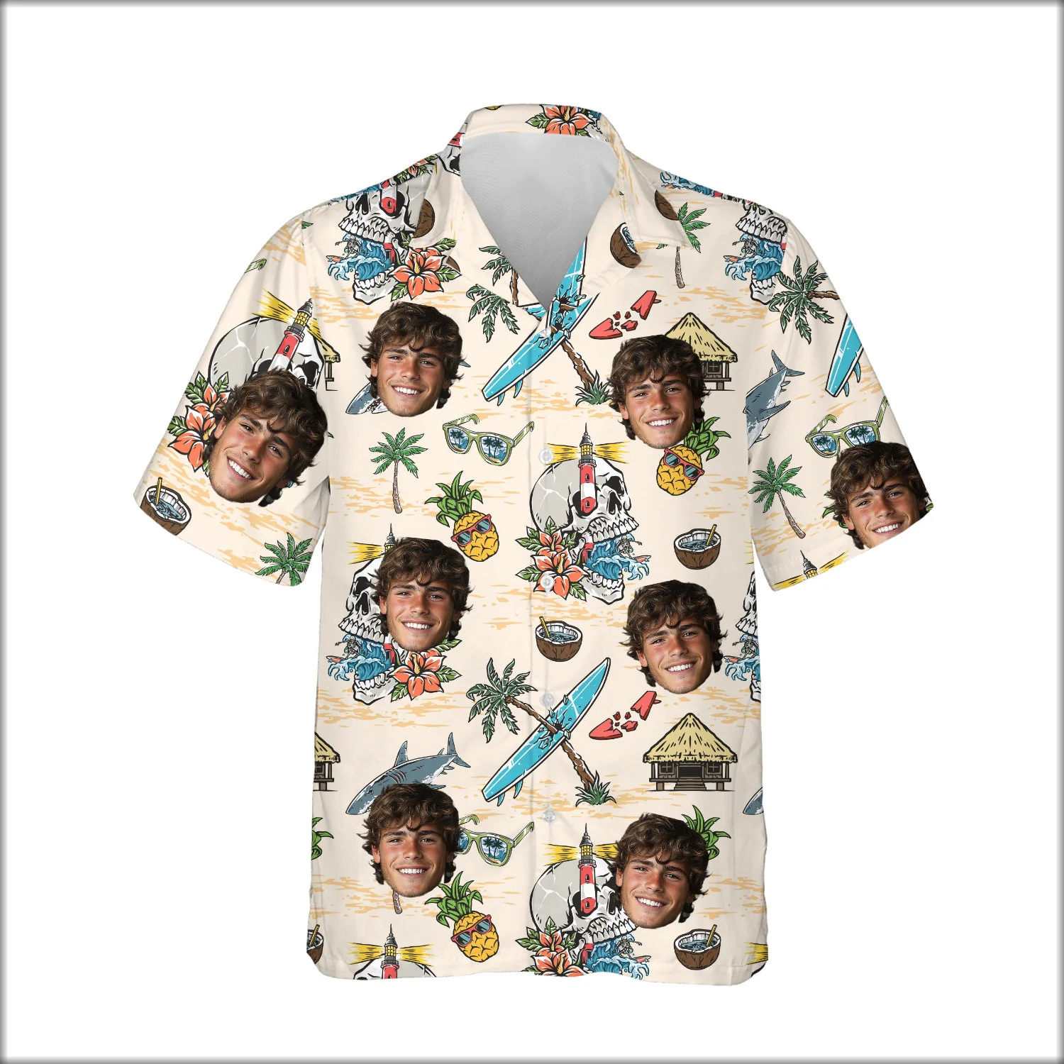 Custom Face & Logo Surf Skeleton Hawaiian Shirt | Skeleton Surfer Beach Shirt for Themed Events Custom Face & Logo Surf Skeleton Hawaiian Shirt | Skeleton Surfer Beach Shirt for Themed Events