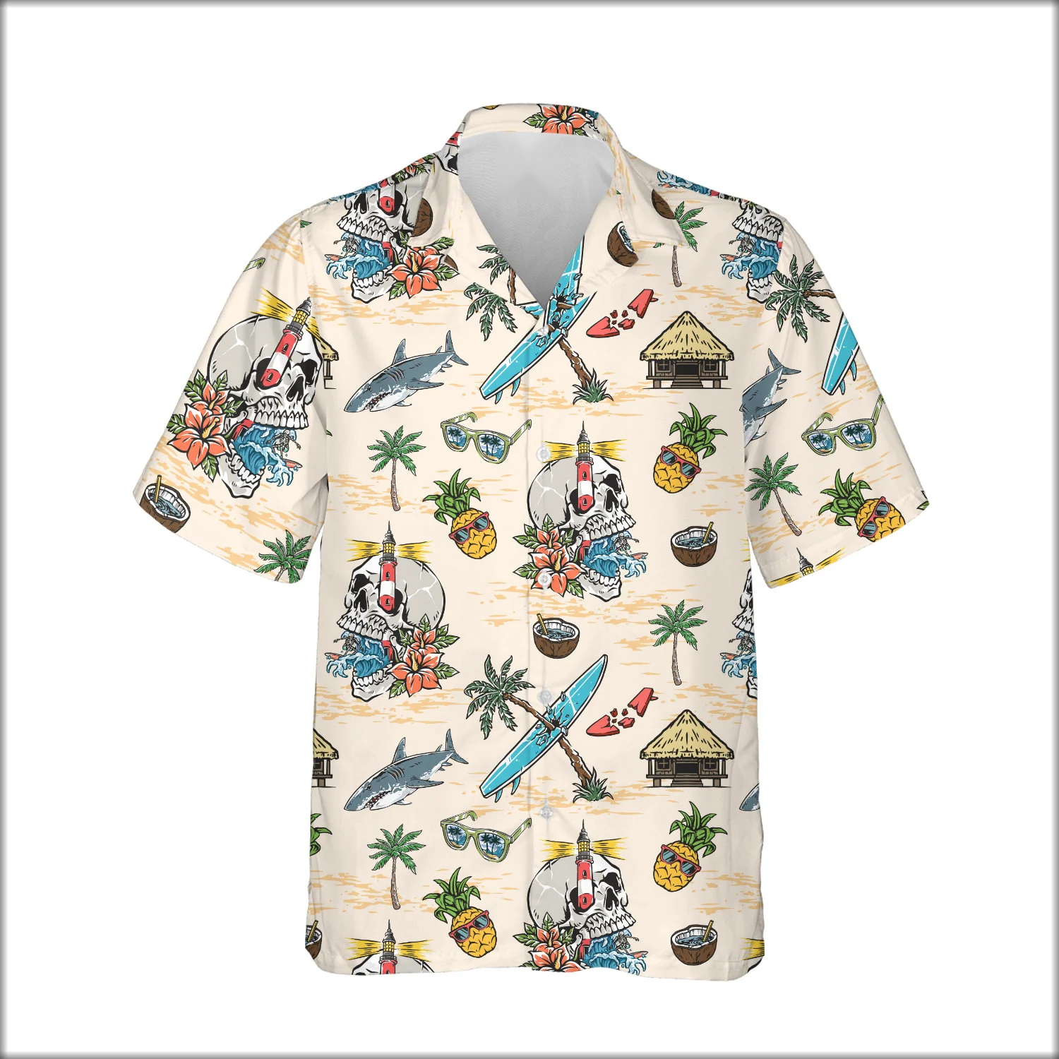 Custom Face & Logo Surf Skeleton Hawaiian Shirt | Skeleton Surfer Beach Shirt for Themed Events - view 2 Custom Face & Logo Surf Skeleton Hawaiian Shirt | Skeleton Surfer Beach Shirt for Themed Events - view 2