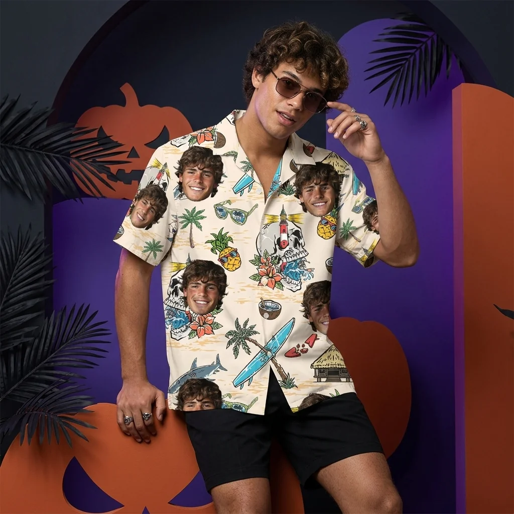 Custom Face & Logo Surf Skeleton Hawaiian Shirt | Skeleton Surfer Beach Shirt for Themed Events - view 4 Custom Face & Logo Surf Skeleton Hawaiian Shirt | Skeleton Surfer Beach Shirt for Themed Events - view 4