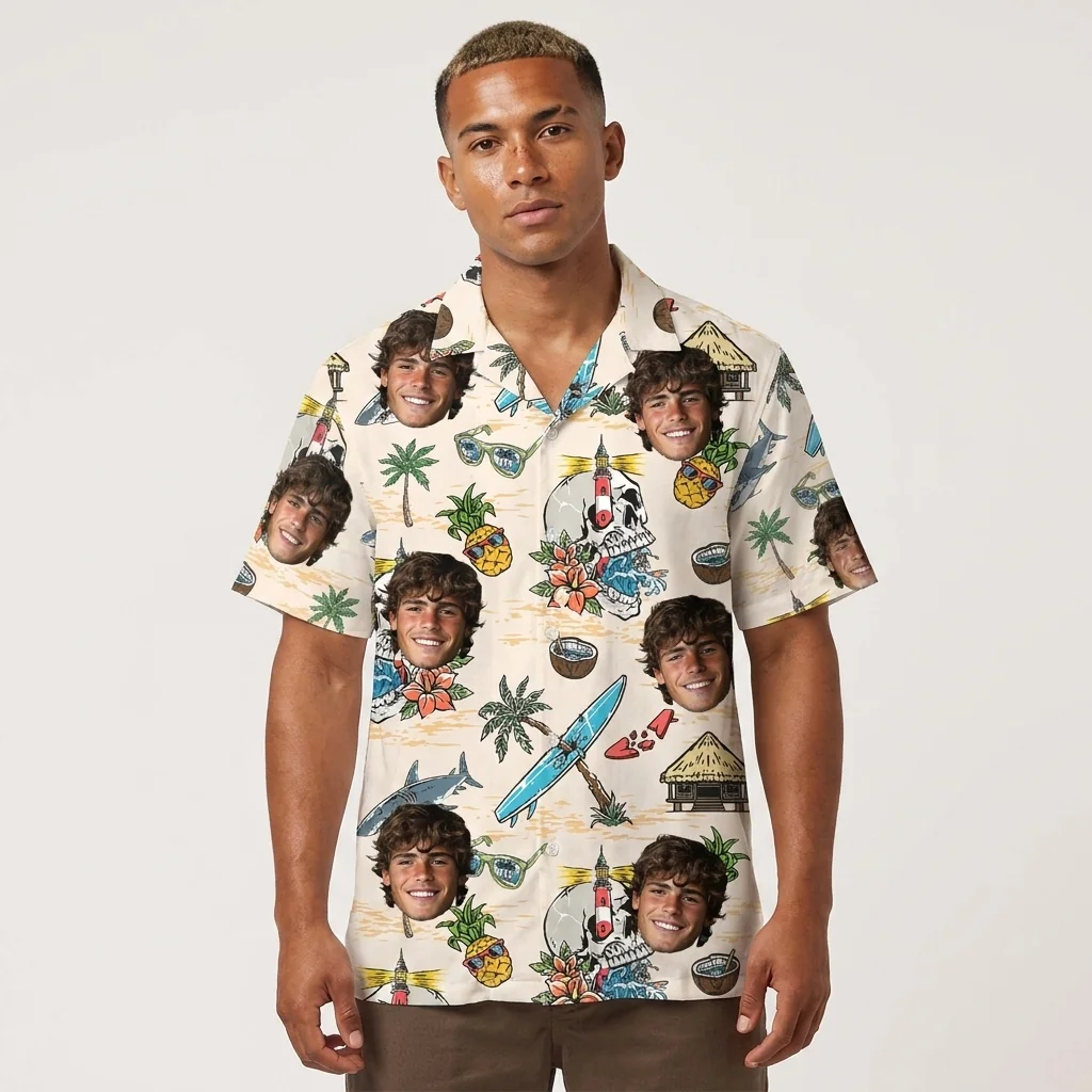 Custom Face & Logo Surf Skeleton Hawaiian Shirt | Skeleton Surfer Beach Shirt for Themed Events - view 5 Custom Face & Logo Surf Skeleton Hawaiian Shirt | Skeleton Surfer Beach Shirt for Themed Events - view 5