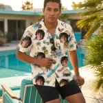 Custom Face & Logo Surf Skeleton Hawaiian Shirt | Skeleton Surfer Beach Shirt for Themed Events
