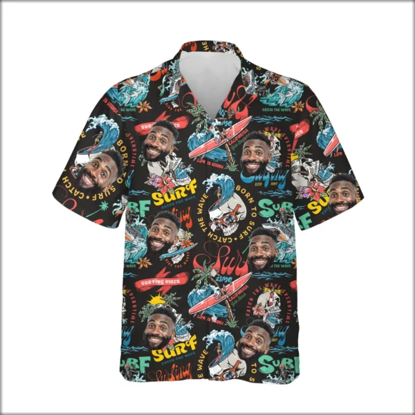 Custom Face & Logo Surf Skeleton Hawaiian Shirt | Skeleton Surfer Beach Shirt for Themed Events