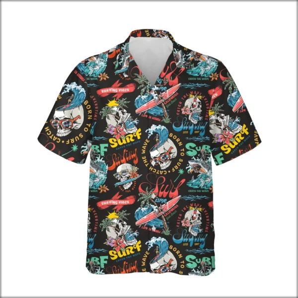 Custom Face & Logo Surf Skeleton Hawaiian Shirt | Skeleton Surfer Beach Shirt for Themed Events - view 2