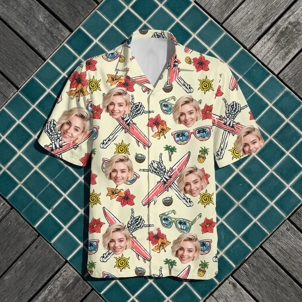 Custom Face & Logo Surf Skeleton Hawaiian Shirt | Spooky Surf Skull Aloha Shirt for Bold Wearers - view 3 Custom Face & Logo Surf Skeleton Hawaiian Shirt | Spooky Surf Skull Aloha Shirt for Bold Wearers - view 3