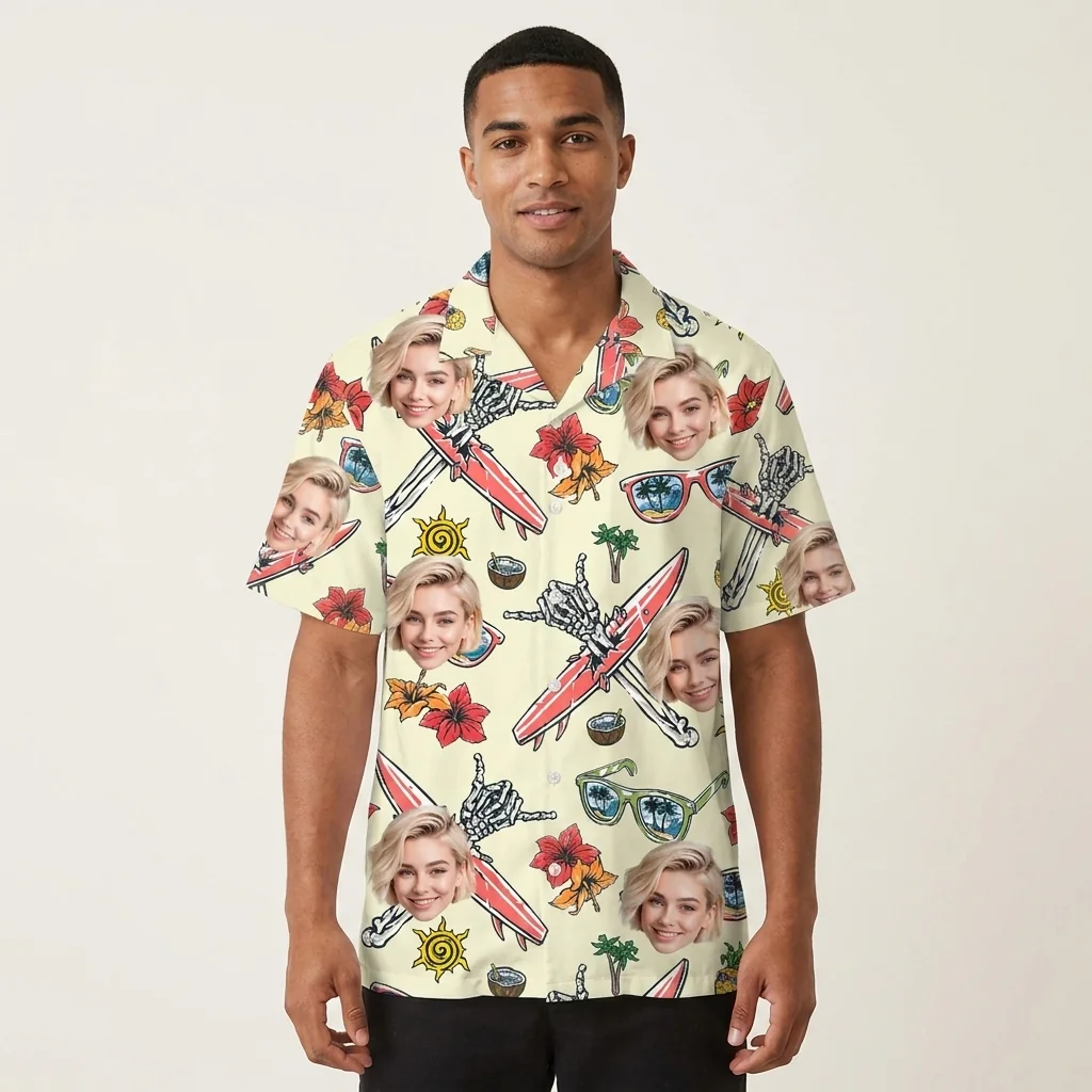 Custom Face & Logo Surf Skeleton Hawaiian Shirt | Spooky Surf Skull Aloha Shirt for Bold Wearers - view 5 Custom Face & Logo Surf Skeleton Hawaiian Shirt | Spooky Surf Skull Aloha Shirt for Bold Wearers - view 5