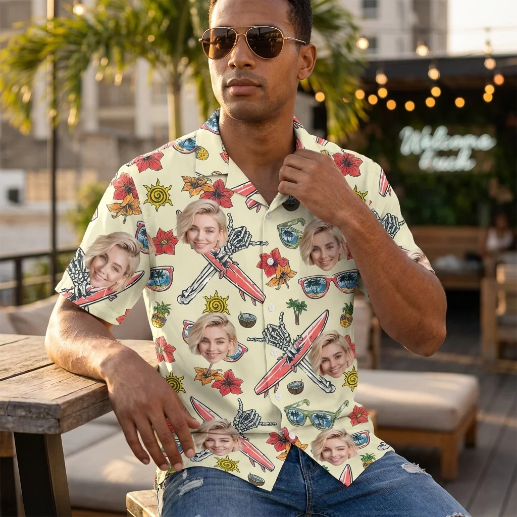 Custom Face & Logo Surf Skeleton Hawaiian Shirt | Spooky Surf Skull Aloha Shirt for Bold Wearers - view 6 Custom Face & Logo Surf Skeleton Hawaiian Shirt | Spooky Surf Skull Aloha Shirt for Bold Wearers - view 6