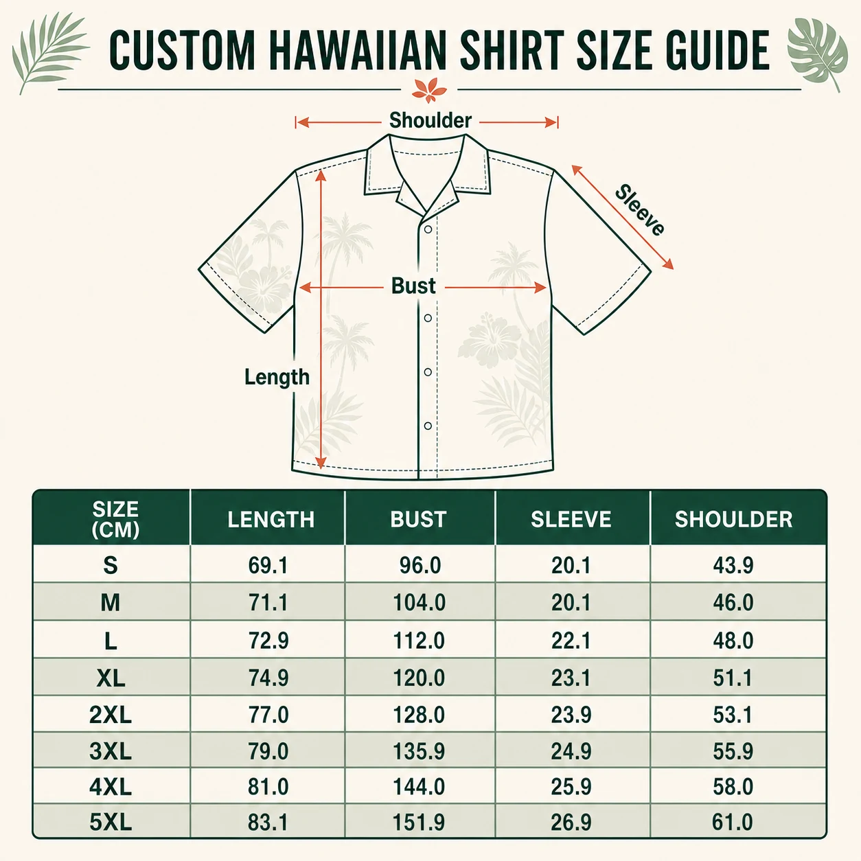 Custom Hawaiian shirt size guide with length, bust, sleeve, and shoulder measurements in centimeters