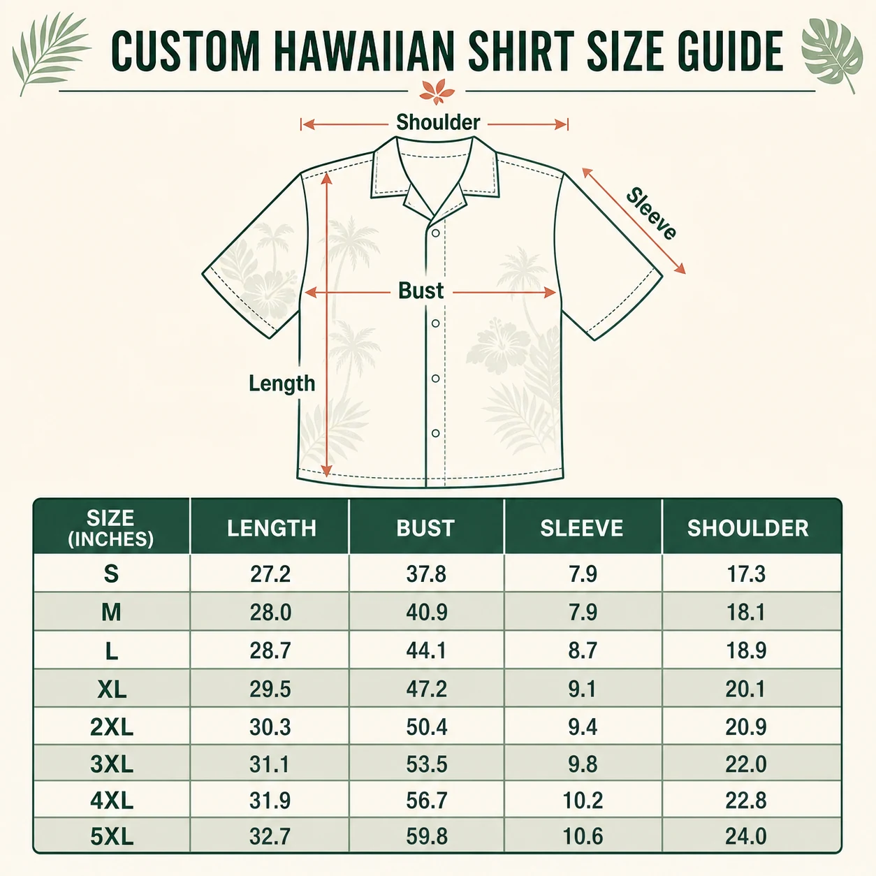 Custom Hawaiian shirt size guide with length, bust, sleeve, and shoulder measurements in inches