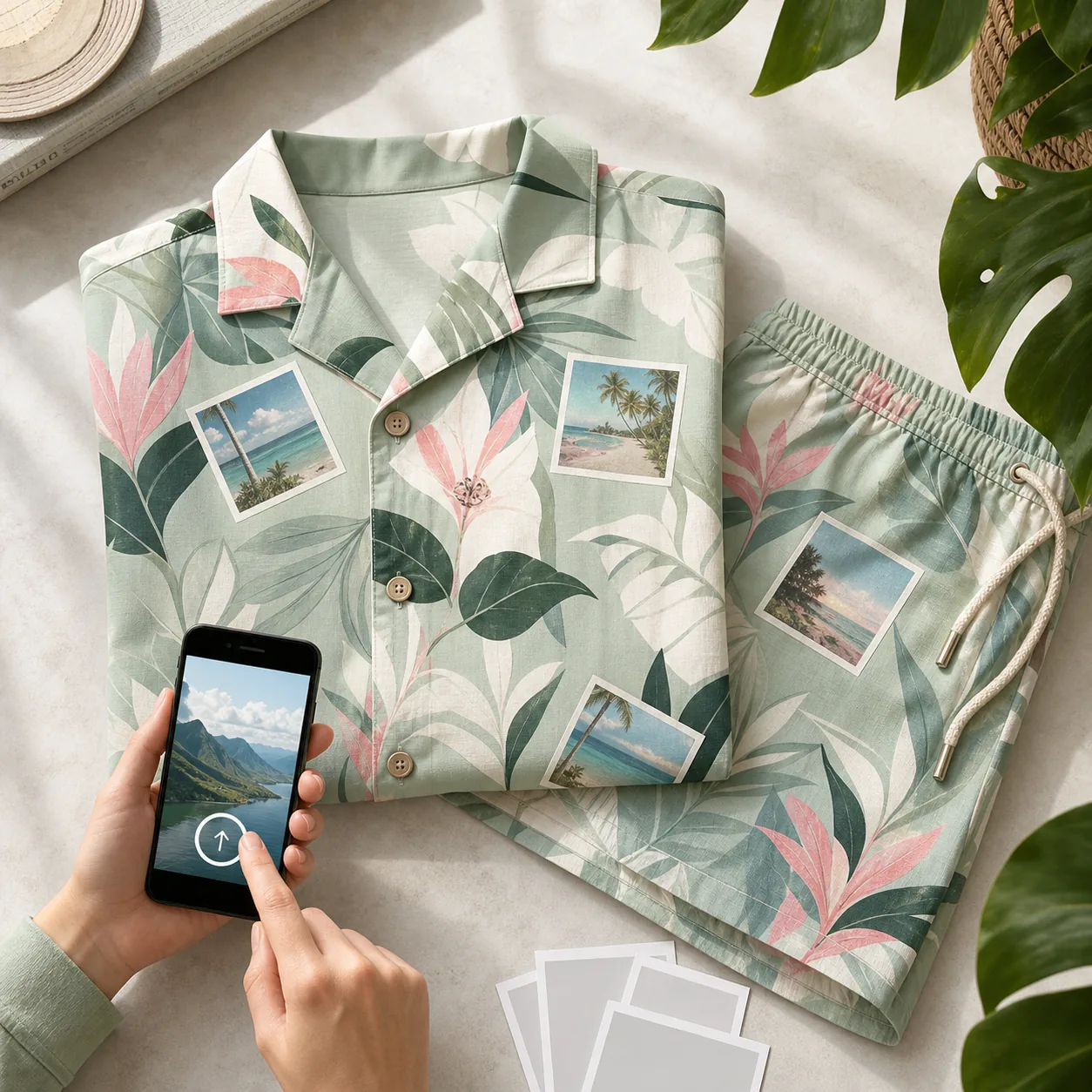 Personalized tropical shirt and shorts set beside a photo upload on a phone