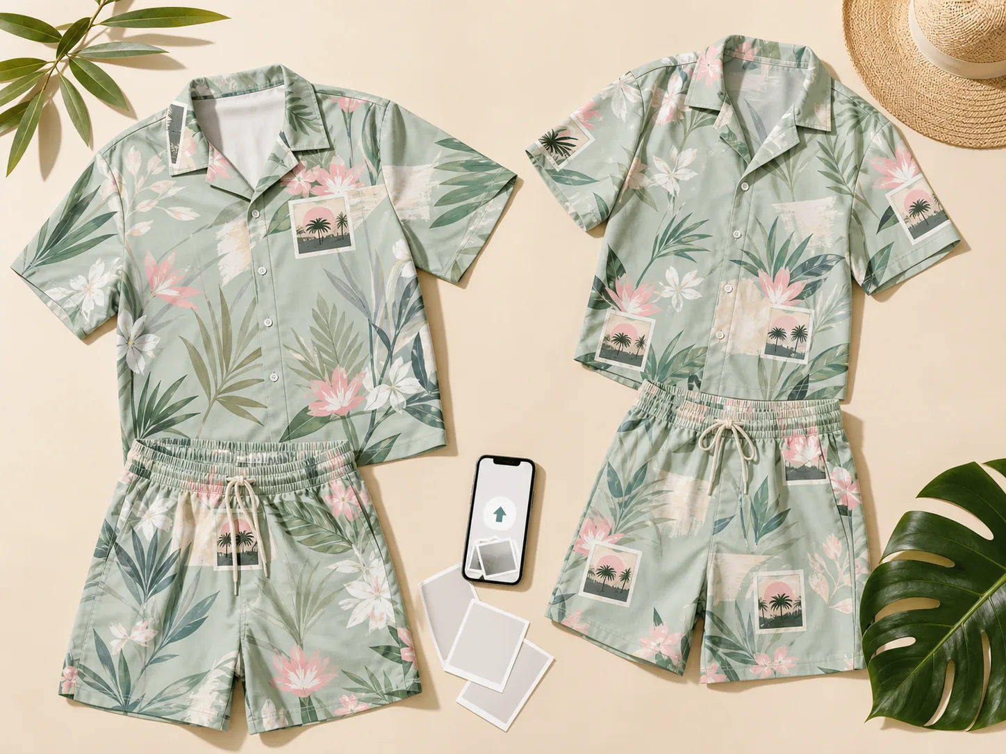 Custom Hawaiian shirt, beach shorts, and matching set options