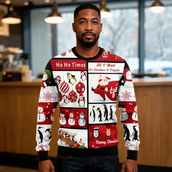 Cute Penguin Santa Claus Best Funny Ugly Sweaters Funny Xmas Clothes worn by a model