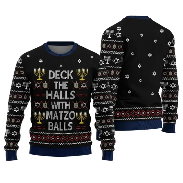 deck the halls with matzo balls funny hanukkah sweater black warm.webp