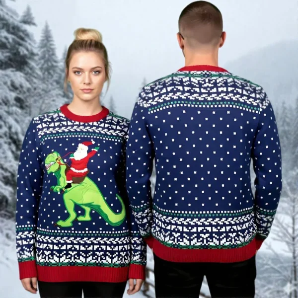 dinosaur and santa ugly christmas sweater christmas themed funny.webp