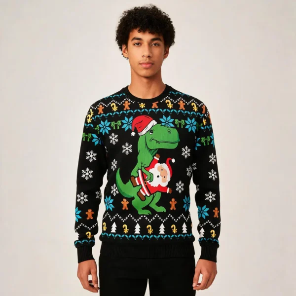 Dinosaur And Santa Ugly Christmas Sweater Cute Christmas Clothes Gift worn by a model