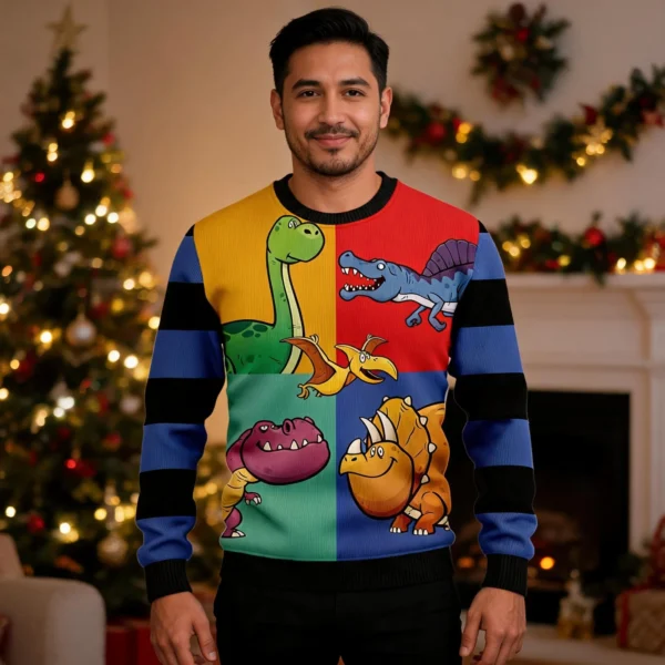 Dinosaur Color Ugly Christmas Sweater Cute Xmas Clothes Gift worn by a model