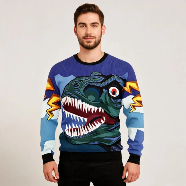 Dinosaur Face Ugly Christmas Sweater Cute Xmas Apparel Best Gift worn by a model