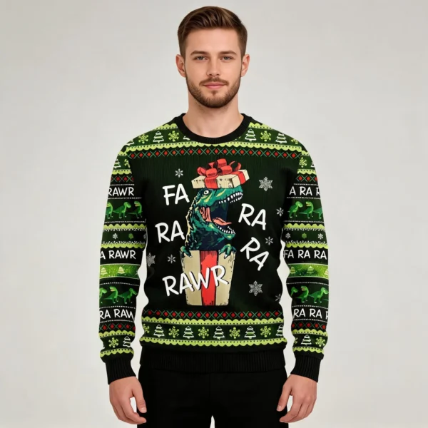 Dinosaur Gift Farararara Ugly Christmas Sweater Merry Xmas Clothing worn by a model