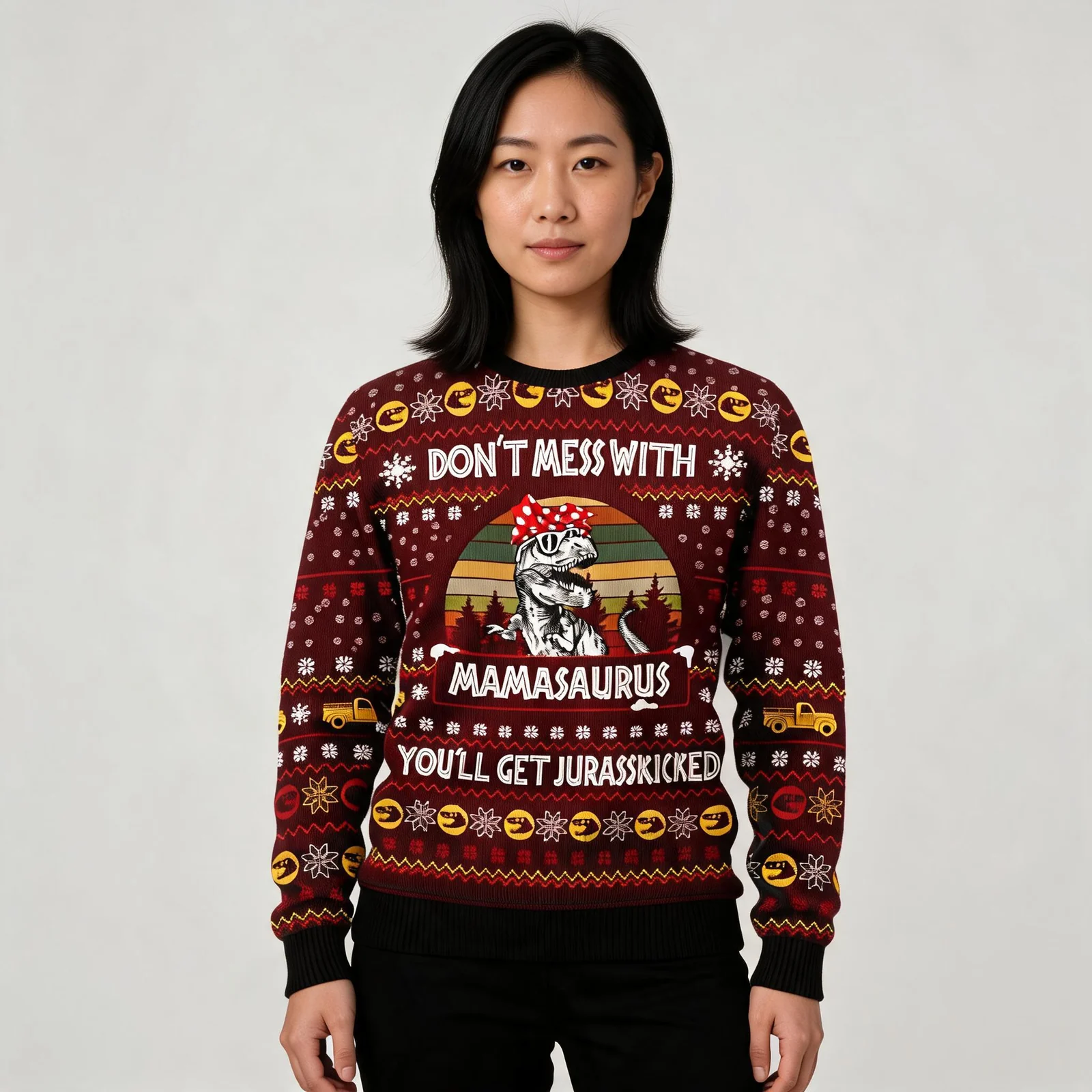 Dinosaur Mom Ugly Christmas Sweater Don t Mess With Mamasaurus Dinosaur Mom Ugly Christmas Sweater Don_t Mess With Mamasaurus worn by a model