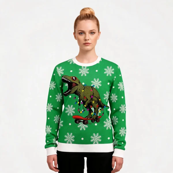 Dinosaur On Skateboard Ugly Christmas Sweater
