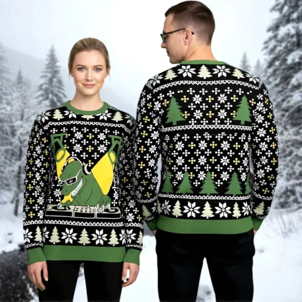dj t rex dinosaur ugly christmas sweater animal themed festive wear.webp