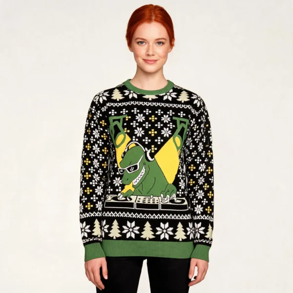 Dj T Rex Dinosaur Ugly Christmas Sweater Anima