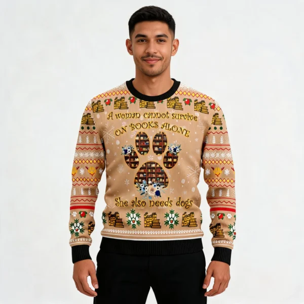 Dog And Book Lover Ugly Holiday Sweater Merry