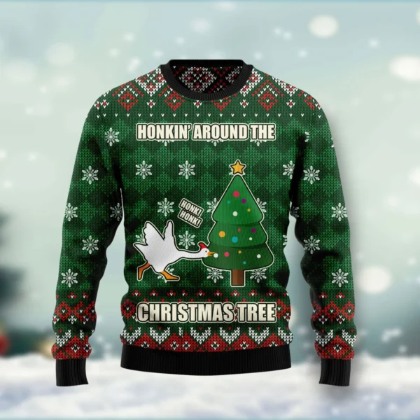 duck honking around christmas tree ugly xmas sweaters cute xmas.webp