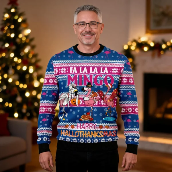 Fa La La La Mingo Ugly Christmas Sweater Cute Xmas Clothes Flamingo worn by a model