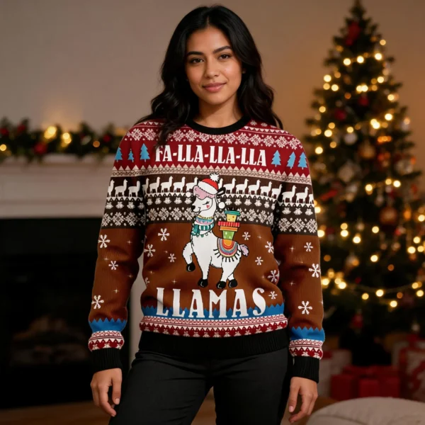 Fa Lla Lla Llamas Ugly Christmas Sweater Cute Xmas Apparel Flamingo worn by a model