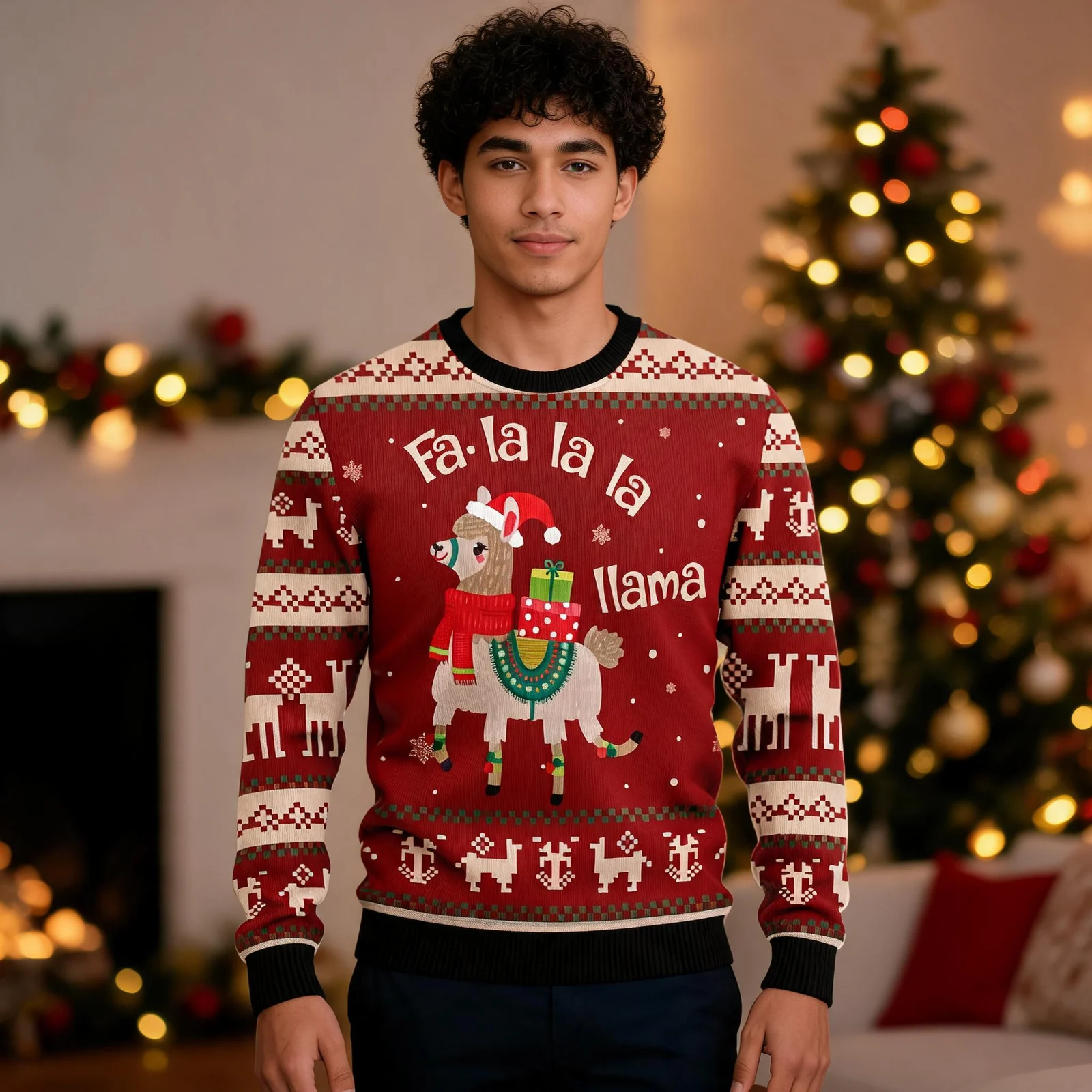 Falala Llama Ugly Christmas Sweater Merry Xmas Clothing Cool Flamingo Falala Llama Ugly Christmas Sweater Merry Xmas Clothing Cool Flamingo worn by a model