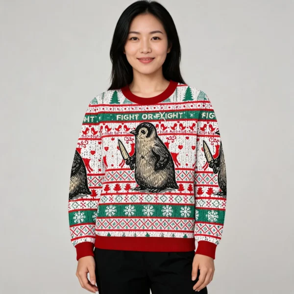 Fight Or Flight Penguin Fun Christmas Ugly Sweater Xmas Wear Penguin worn by a model
