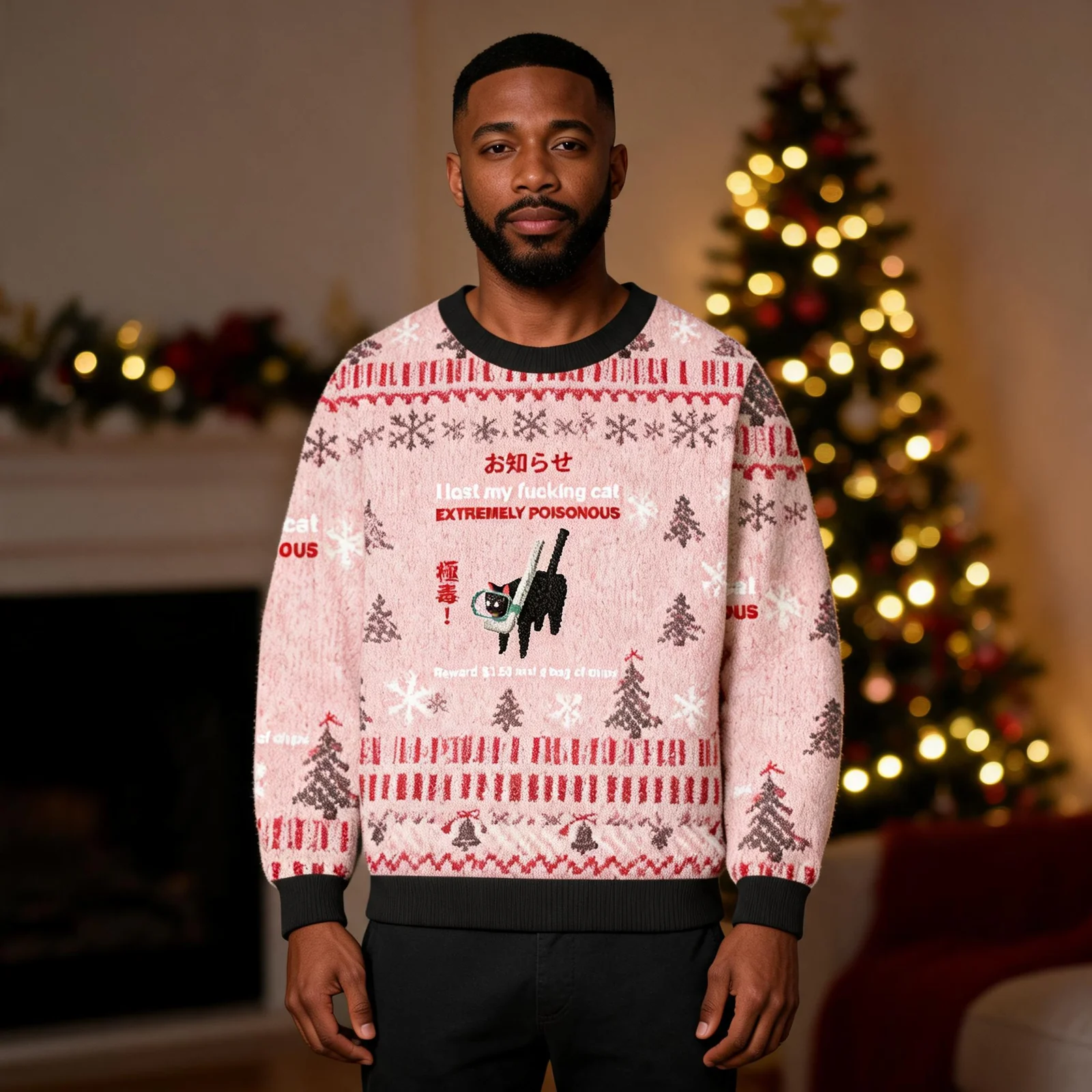 Find The Toxic Cat Funny Christmas Ugly Sweater Holiday Clothing Find The Toxic Cat Funny Christmas Ugly Sweater Holiday Clothing worn by a model