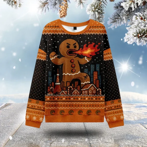 fire breathing gingerbread ugly christmas sweater funny christmas.webp