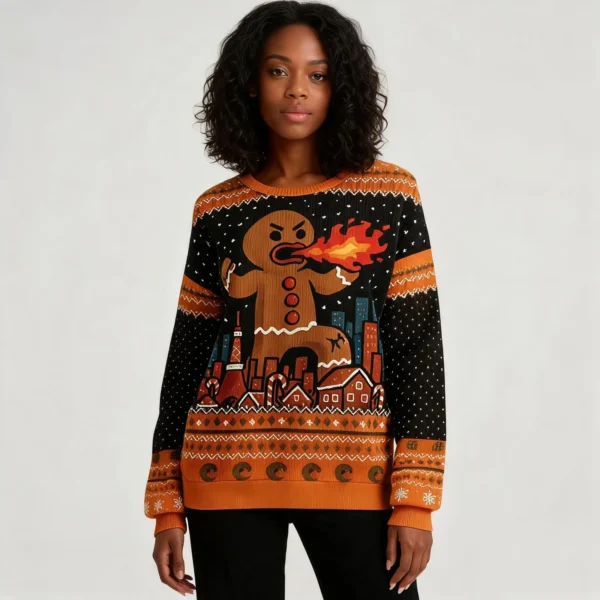 Fire Breathing Gingerbread Ugly Christmas Sweater Funny Christmas worn by a model
