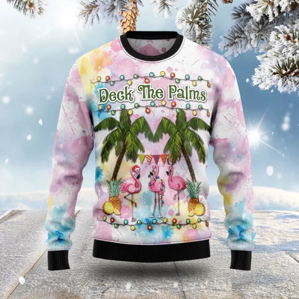 flamingo deck the palms ugly christmas sweater animal themed.webp