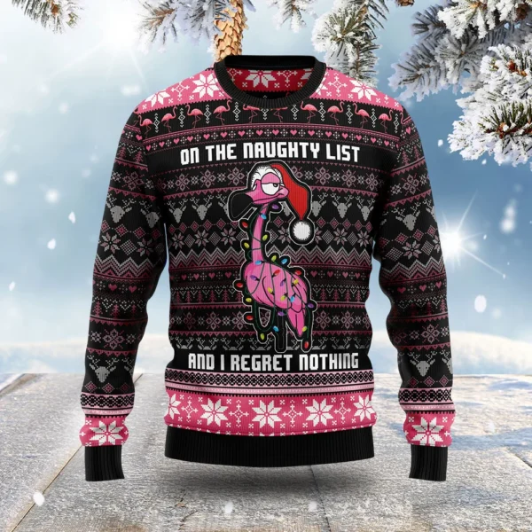 flamingo on the naughty list ugly christmas sweater christmas outfit.webp