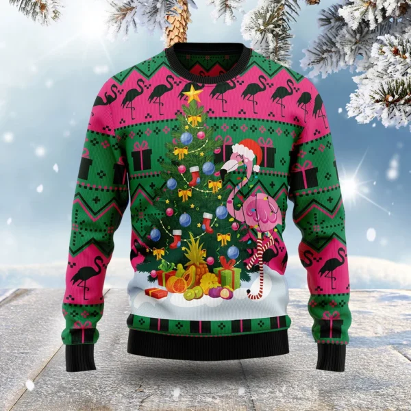 flamingo pine tree christmas ugly sweater holiday clothing xmas gift.webp