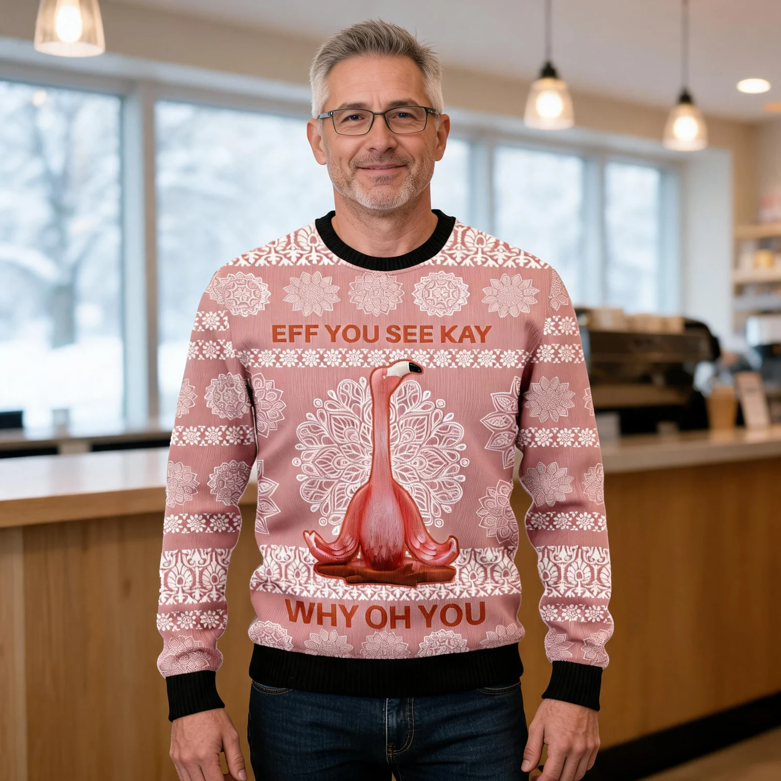 Flamingo Why Oh You Ugly Christmas Sweater Funny Xmas Apparel Flamingo Why Oh You Ugly Christmas Sweater Funny Xmas Apparel worn by a model