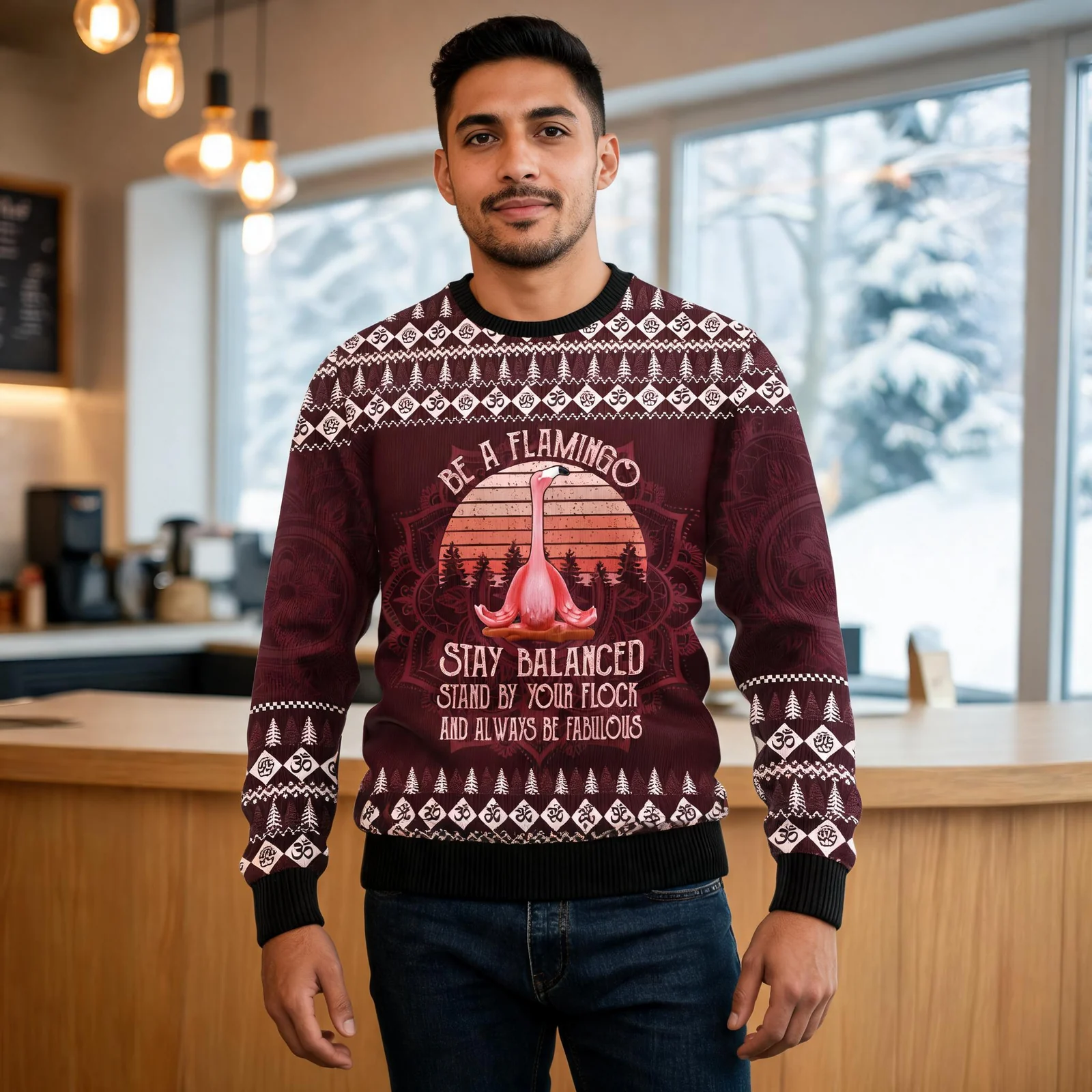 Flamingo Yoga Ugly Christmas Sweater Cute Xmas Clothing Cool Flamingo Flamingo Yoga Ugly Christmas Sweater Cute Xmas Clothing Cool Flamingo worn by a model