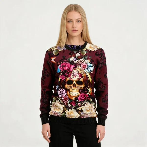 Flower Skull Ugly Christmas Sweater Floral Des