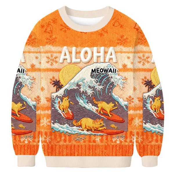 free surfing cat christmas ugly sweater animal themed xmas clothing.webp