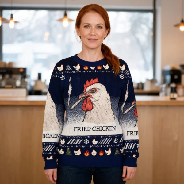 Fried Chicken Last Cigarette Christmas Ugly Sweater Animal Themed worn by a model