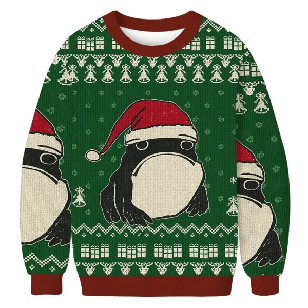 frog wearing santa hat green christmas ugly sweater christmas.webp