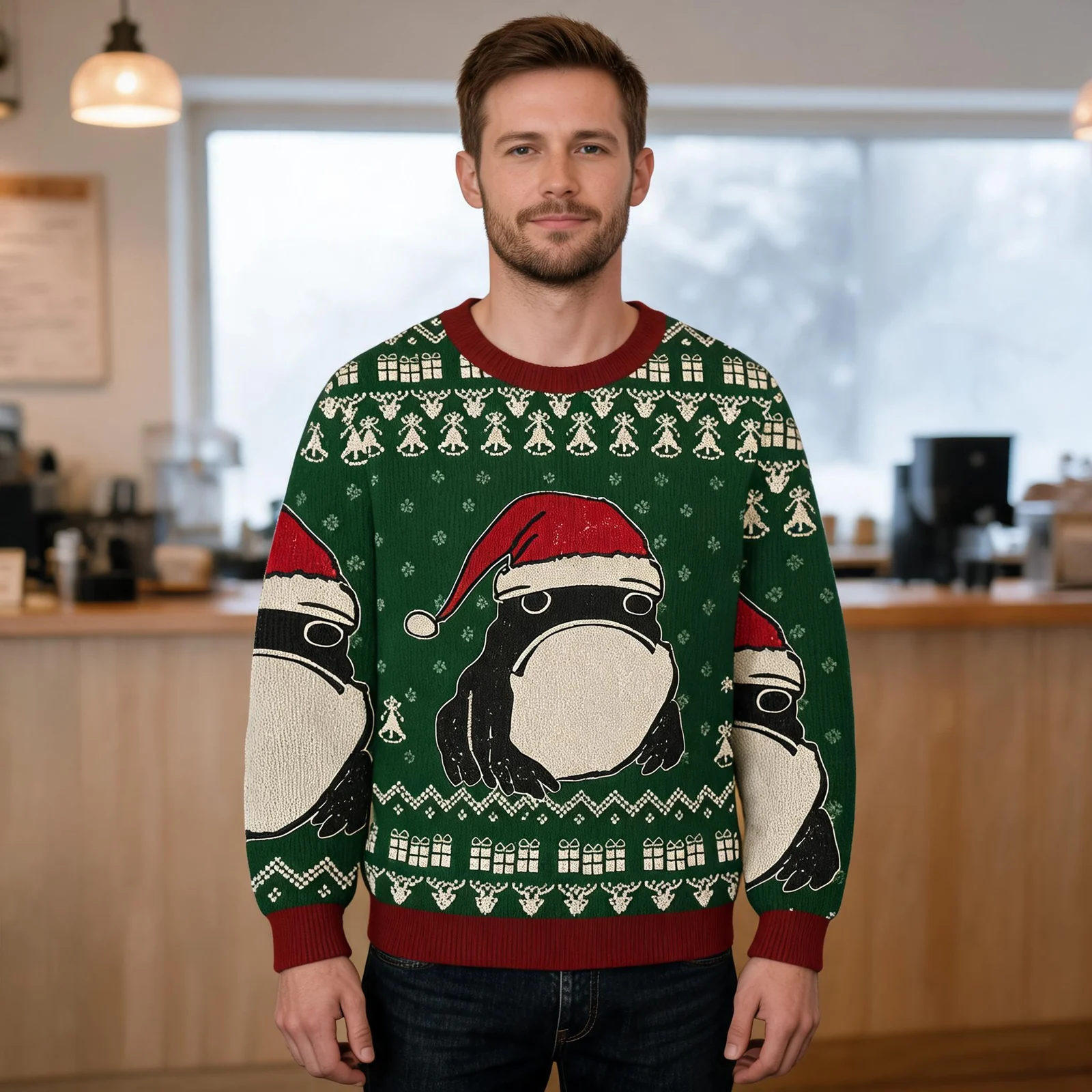 Frog Wearing Santa Hat Green Christmas Ugly Sweater Christmas Frog Wearing Santa Hat Green Christmas Ugly Sweater Christmas worn by a model