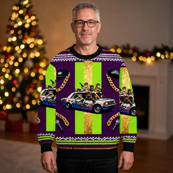 Funny Cat Gang Bang Ugly Sweater Animal Themed Holiday Clothing Cat worn by a model