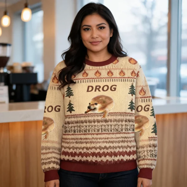 Funny Dog Meme Ugly Sweater Holiday Clothing Unique Gift ForDog Lovers worn by a model