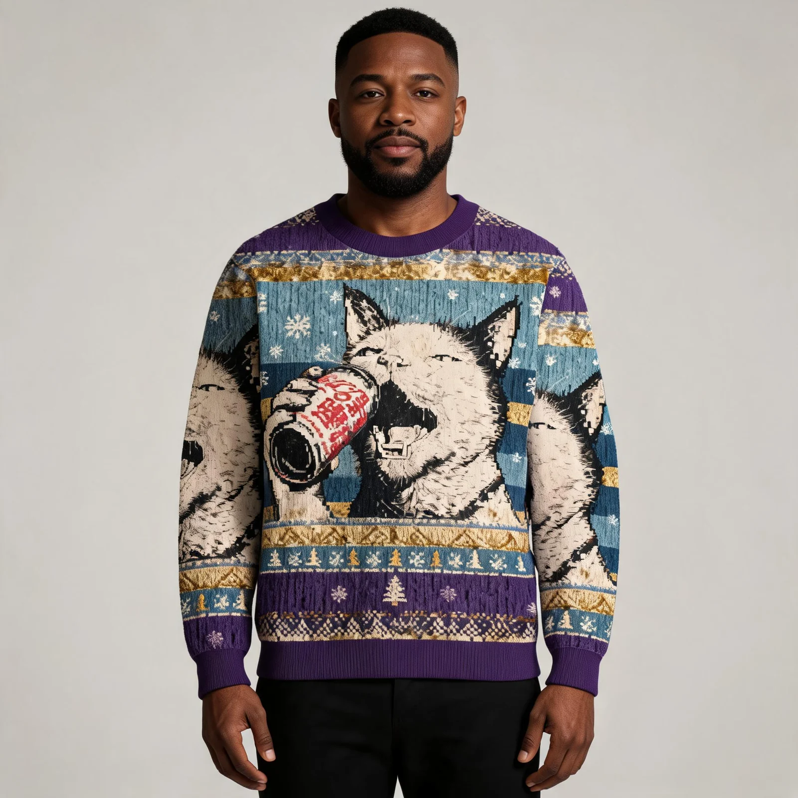 Funny Drink Cat Meme Ugly Sweater Xmas Clothing Christmas Gift For Funny Drink Cat Meme Ugly Sweater Xmas Clothing Christmas Gift For worn by a model
