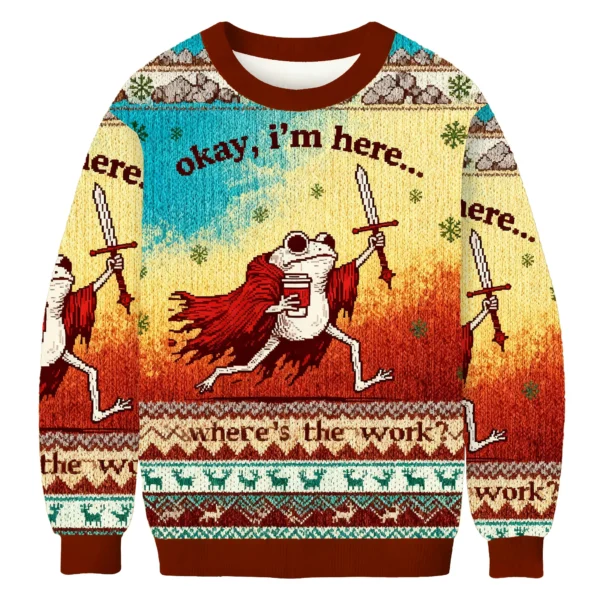 funny frog worker okay i m here ugly sweater holiday wear unique gift.webp